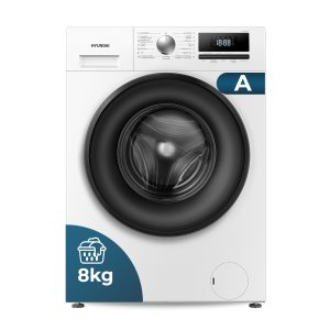 Lavadora Hyundai,Capacidad 8kg 1400rpm, Clase A. Dimensiones: 84,5cm 59,5cm 54cm. Color Blanco, Control con Display. Motor Inverter. Programas: Vapor Antialérgico.