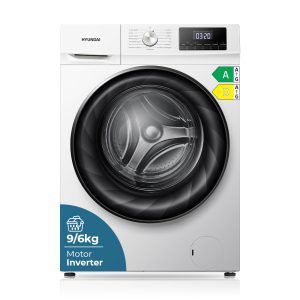 Lava-secadora Hyundai. Capacidad 9/6kg con 1400 rpm, Clase A/D. Dimensiones: 84,5cm 59,5cm 63,5cm. Color Blanco, Control con Display. Motor Inverter. Programas: Antialérgico.