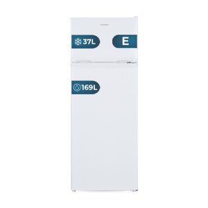 Frigorífico 2 Puertas Hyundai, Cíclico. Clase E. Dimensiones: 143cm 55cm 56cm. Color Blanco, Control Manual.