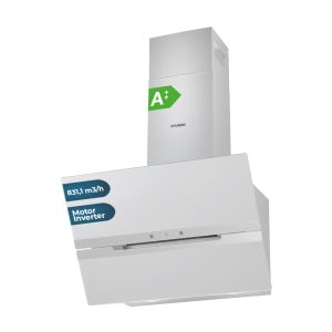 Campana Inclinada Hyundai, Clase A++ Dimensiones: 112,6cm 59,5cm 40,3cm. Color Cristal blanco, Control Táctil Motor Inverter. Potencia de aspiración 831,1 m3/h, 64 dB. Función Booster.