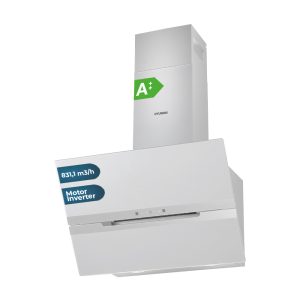 Campana Inclinada Hyundai, Clase A++ Dimensiones: 112,6cm 69,5cm 40,3cm. Color Cristal blanco, Control Táctil Motor Inverter. Potencia de aspiración 831,1 m3/h, 64 dB. Función Booster.