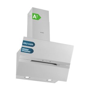 Campana Inclinada Hyundai, Clase A++ Dimensiones: 112,6cm 89,5cm 40,3cm. Color Cristal blanco, Control Táctil Motor Inverter. Potencia de aspiración 831,1 m3/h, 64 dB. Función Booster.