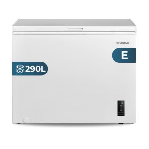Congelador horizontal Hyundai, Cíclico. Capacidad 290L, Clase E. Dimensiones: 85cm 111,5cm 67cm. Color Blanco, Display. 2 cestas.