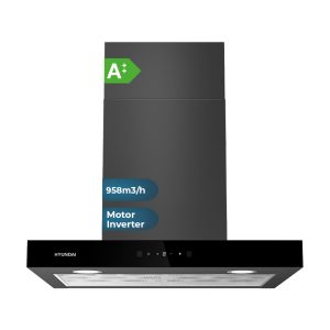 Campana Tipo T Hyundai, Clase A++ Dimensiones: 84cm 59,9cm 50,5cm. Color Cristal negro, Control Táctil con sensor de control de mano Motor Inverter. Potencia de aspiración 958 m3/h, 68 dB. Función Booster.