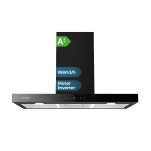 Campana Tipo T Hyundai, Clase A++ Dimensiones: 84cm 89,7cm 50,5cm. Color Cristal negro, Control Táctil con sensor de control de mano Motor Inverter. Potencia de aspiración 958 m3/h, 68 dB. Función Booster.