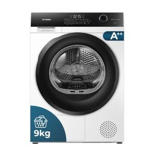 Secadora Bomba calor Hyundai, Capacidad 9kg Clase E. Dimensiones: 84,5cm 59,5cm 68,5cm Color Blanco, Control Display táctil. Programas: Antialérgico Antiarrugas.