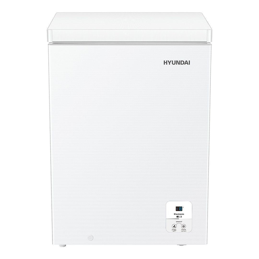 Congelador horizontal Hyundai, Dual Cooling. Capacidad 97L, Clase E. Dimensiones: 85,8cm 57,8cm 44,4cm. Color Blanco, Control con Display.