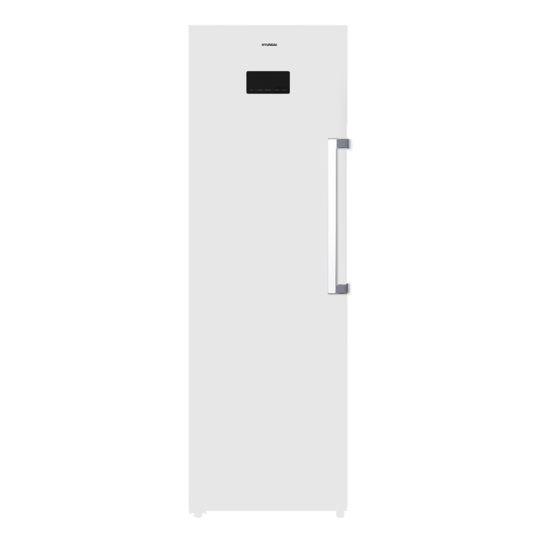 Congelador vertical Hyundai, No Frost. Capacidad 274L, Clase D. Dimensiones: 185cm 60cm 66cm. Color Blanco, Control con Display táctil. Motor Inverter.