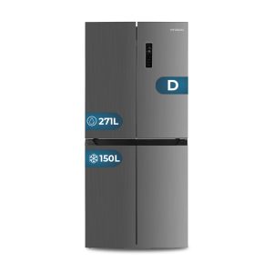 Frigorífico 4 Puertas Hyundai, No Frost. Clase D. Dimensiones: 180cm 79,5cm 70cm. Color Inox, Control con Display. Motor Inverter.