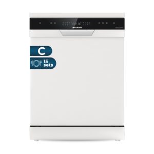 Lavavajillas Hyundai,Capacidad 15sets, Clase C. Dimensiones: 84,5cm 59,8cm 59cm. Color Blanco, Control con Display táctil. 3 Bandejas y 7 Programas.