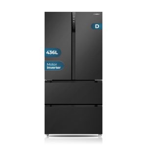Frigorífico French Door Hyundai, No Frost. Clase E. Dimensiones: 183cm 83,6cm 62,3cm. Color Dark Inox, Control con Display táctil. Motor Inverter.
