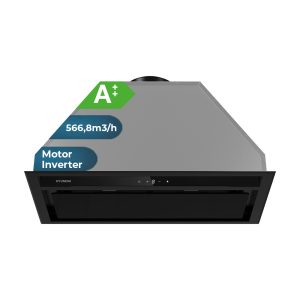 Campana Grupo filtrante Integración Hyundai, Clase A++ Dimensiones: 27,9cm 59,8cm 29cm. Color Cristal negro, Control Táctil Motor Inverter. Potencia de aspiración 566,8 m3/h, 56 dB. Función Booster.
