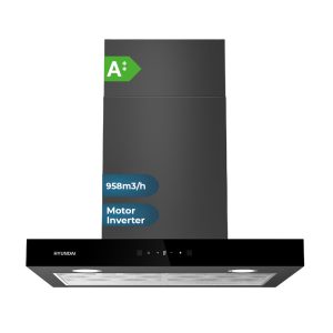 Campana Tipo T Hyundai, Clase A++ Dimensiones: 84cm 69,7cm 50,5cm. Color Cristal negro, Control Táctil con sensor de control de mano Motor Inverter. Potencia de aspiración 958 m3/h, 68 dB. Función Booster.