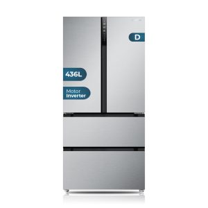 Frigorífico French Door Hyundai, No Frost. Clase E. Dimensiones: 183cm 83,6cm 62,3cm. Color Inox, Control con Display táctil. Motor Inverter.