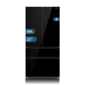 Frigorífico French Door de semi integración Hyundai, No Frost. Capacidad 521 L, Clase E. Dimensiones: 193cm 90,8cm 59,8cm. Color Cristal negro, Control con Display táctil. Motor Inverter.